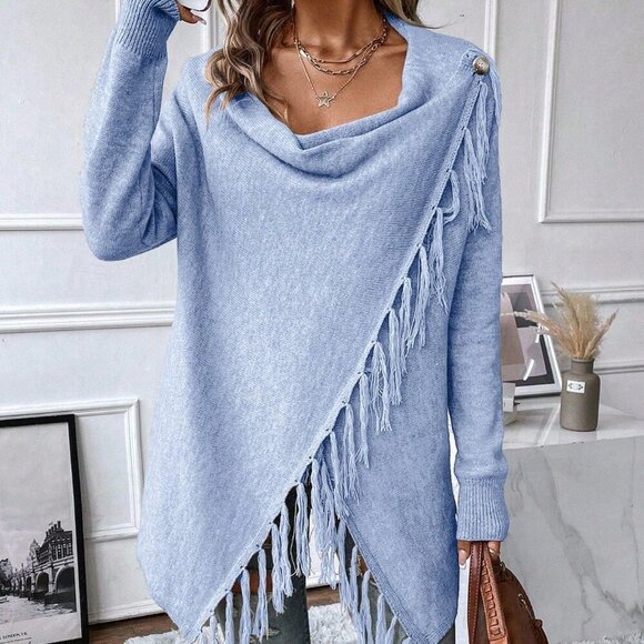 Blue Casual Women's Asymmetrical Long Sleeve Fringe Tassel Sweater Dress - Picture 6 of 6